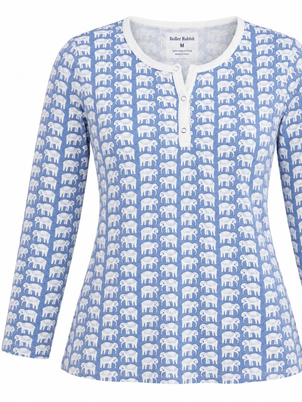 ROLLER RABBIT | Hathi Blue Elephant 100% Pima Cotton Peru Henley Pajama Top | M